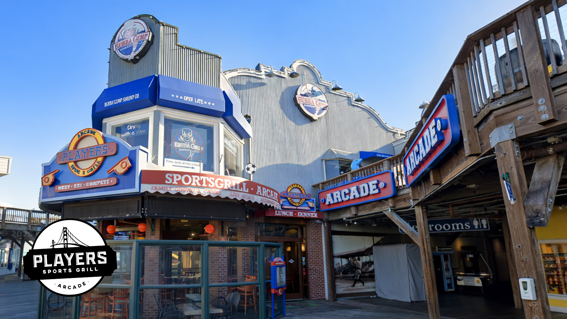 Players Sports Grill & Arcade on Pier 39 in San Francisco, exterior view showing the iconic sports bar and arcade entrance with colorful signage, classic American boardwalk architecture, and a lively waterfront atmosphere.