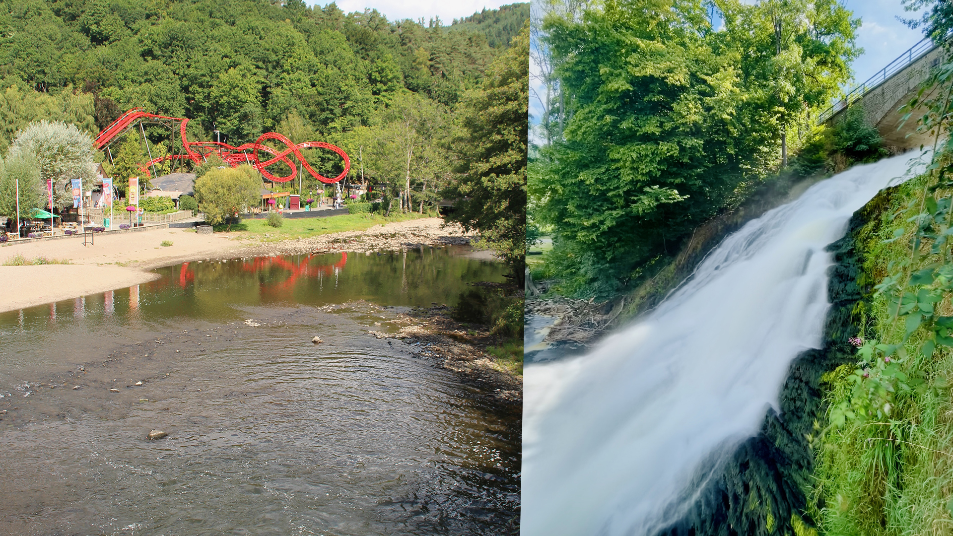 Watervallen van Coo in the Belgian Ardennes, view of the Amblève River with the Coo waterfall and Plopsaland Ardennes visible in the background near Stavelot