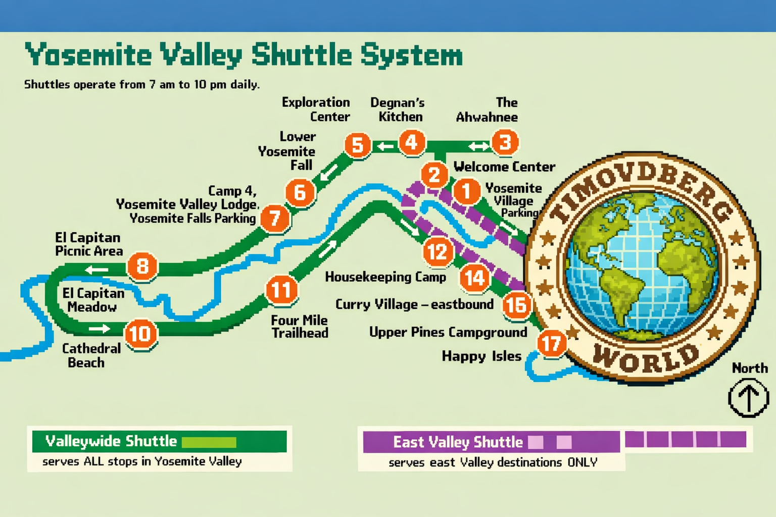 Yosemite National Park 8-bit shuttle map of Yosemite Valley showing the Yosemite Valley Shuttle System with stops, routes and a retro pixel art travel logo