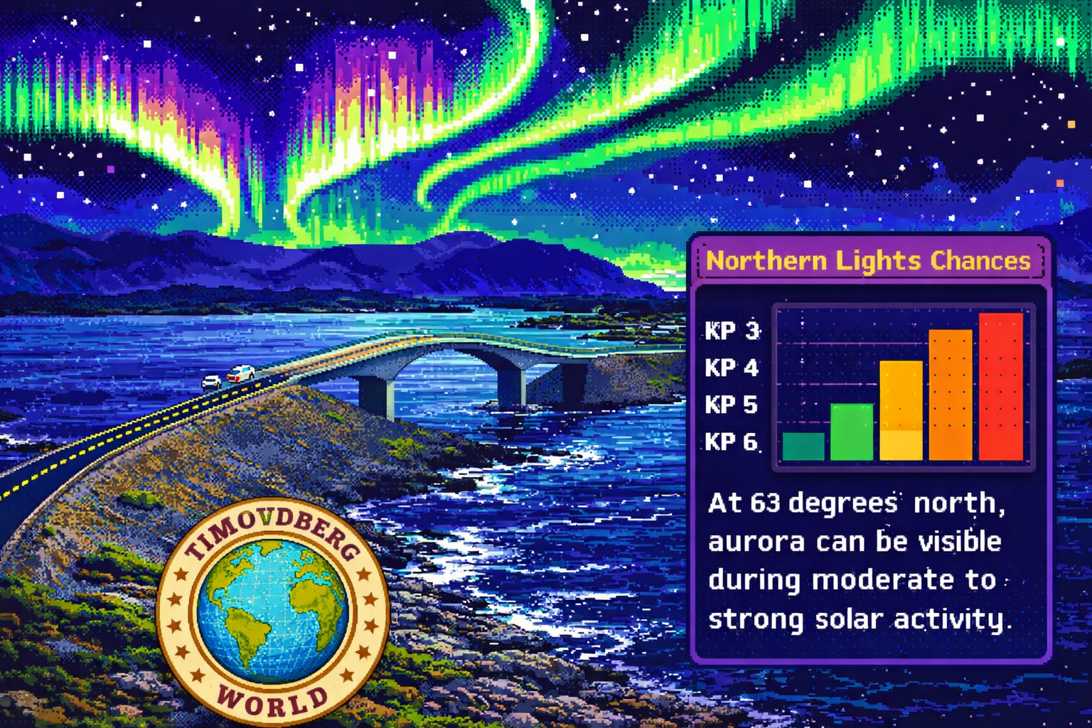 Atlantic Ocean Road Norway pixel art scene showing curved coastal bridges over small islands, night sky with aurora borealis at 63 north latitude, informational box explaining northern lights chances, TIMOVDBERG WORLD branding