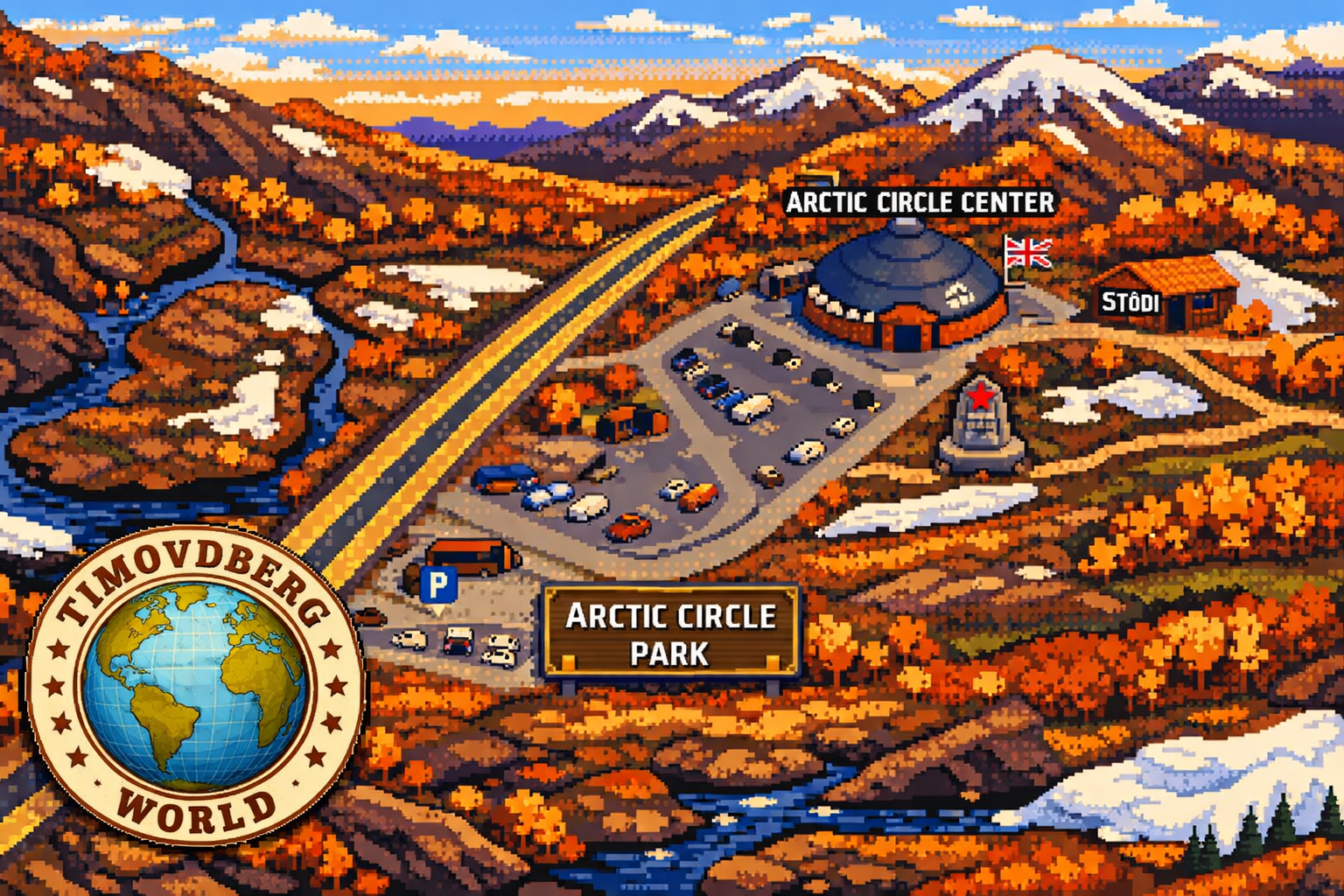 Pixel art map of Arctic Circle Centre Norway at Saltfjellet, showing the Arctic Circle Park, parking area, monument and E6 road