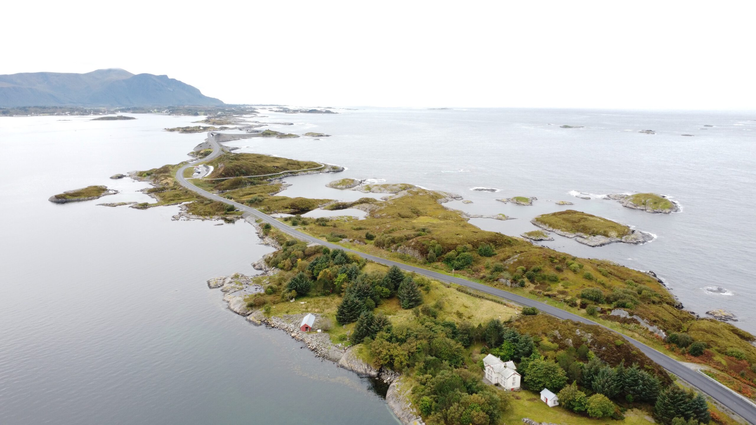 Atlantic Ocean Road Norway aerial landscape showing the island chain and winding coastal road in Western Norway