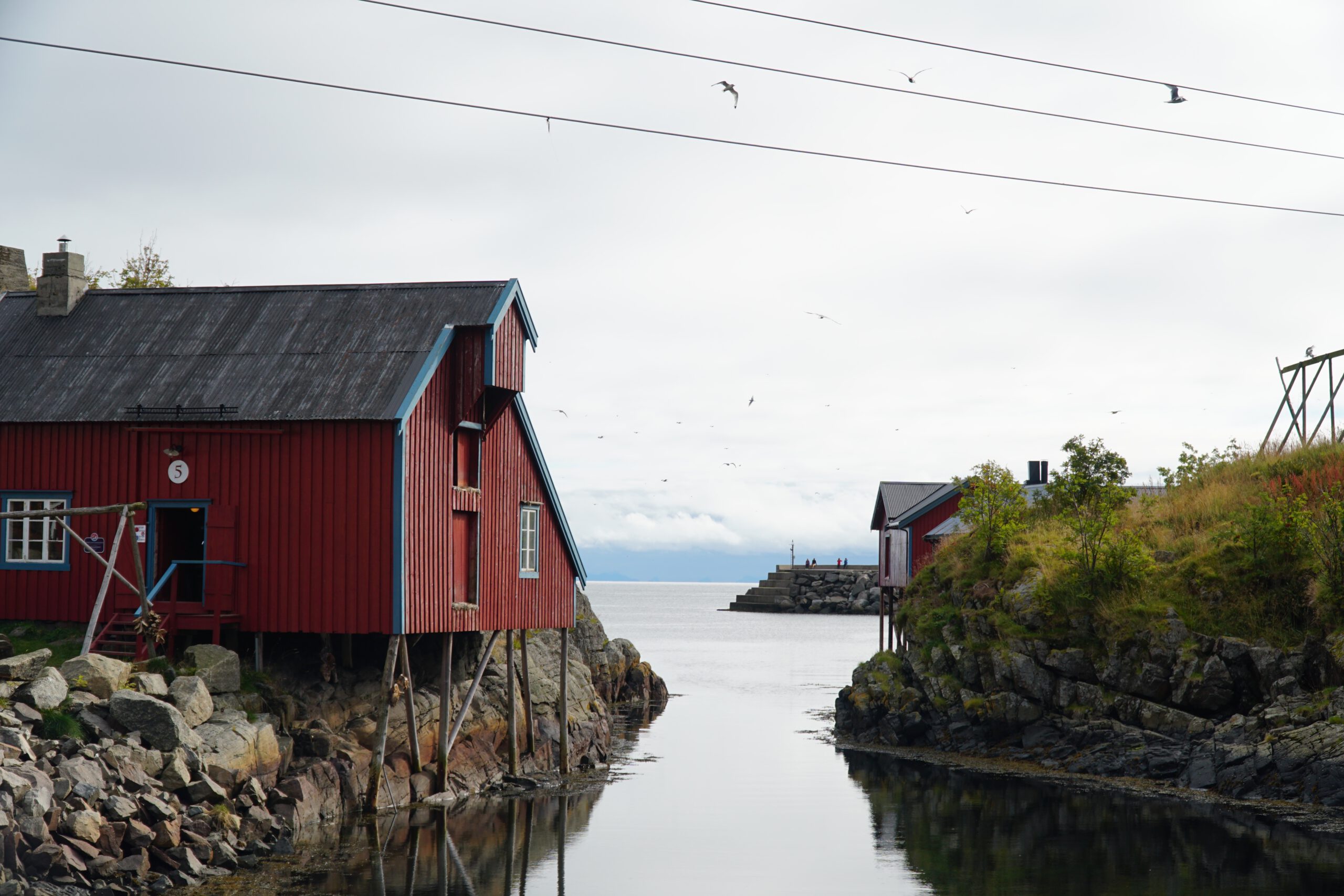 Traditional red rorbuer cabins on the waterfront near Sallybua Lofoten restaurant in Å village