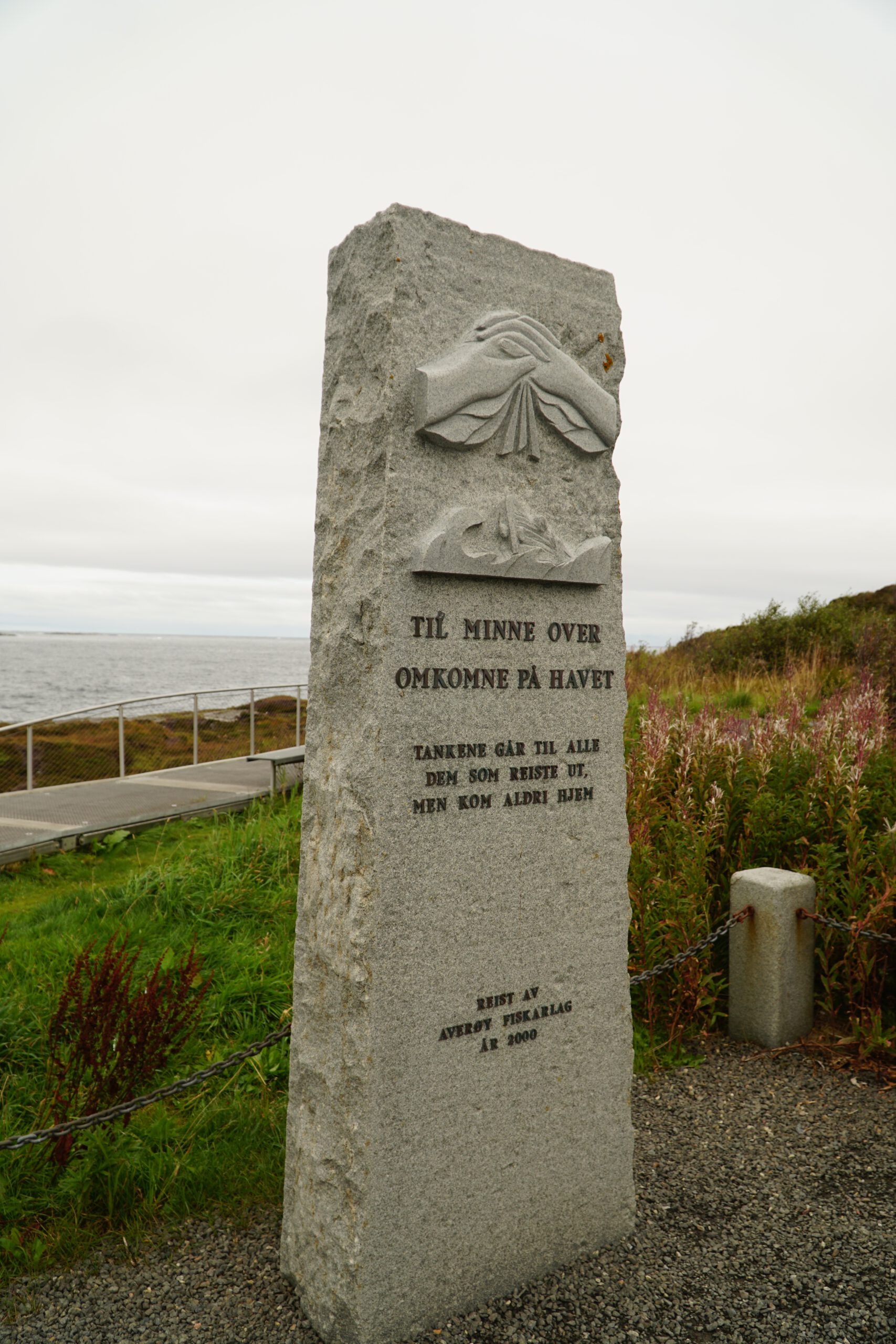 Atlantic Ocean Road Norway memorial stone for fishermen lost at sea in Averøy overlooking the Atlantic Ocean