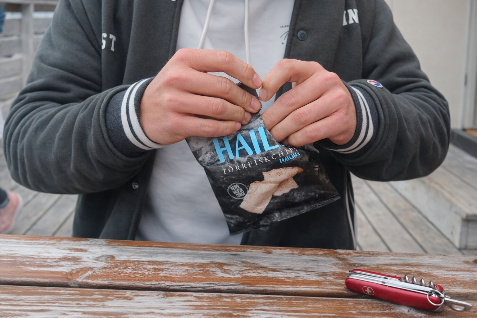 The Tide Hotel Sørvågen Lofoten, Peter Smit opening traditional Norwegian stockfish snack on the wooden pier in front of the rorbuer cabins