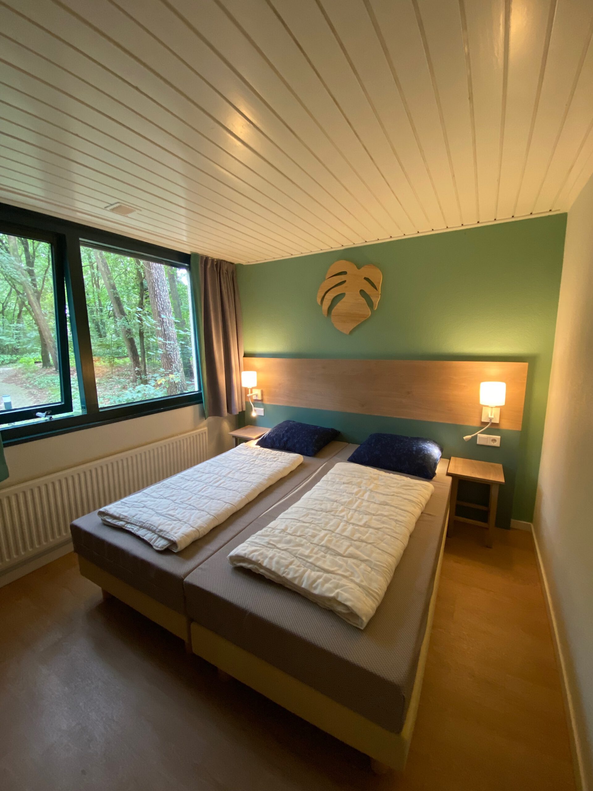 Second bedroom of Center Parcs Het Heijderbos 4 pers. Premium HB1922 cottage 965 with twin beds, green accent wall, wooden headboard and single glass window overlooking the forest.