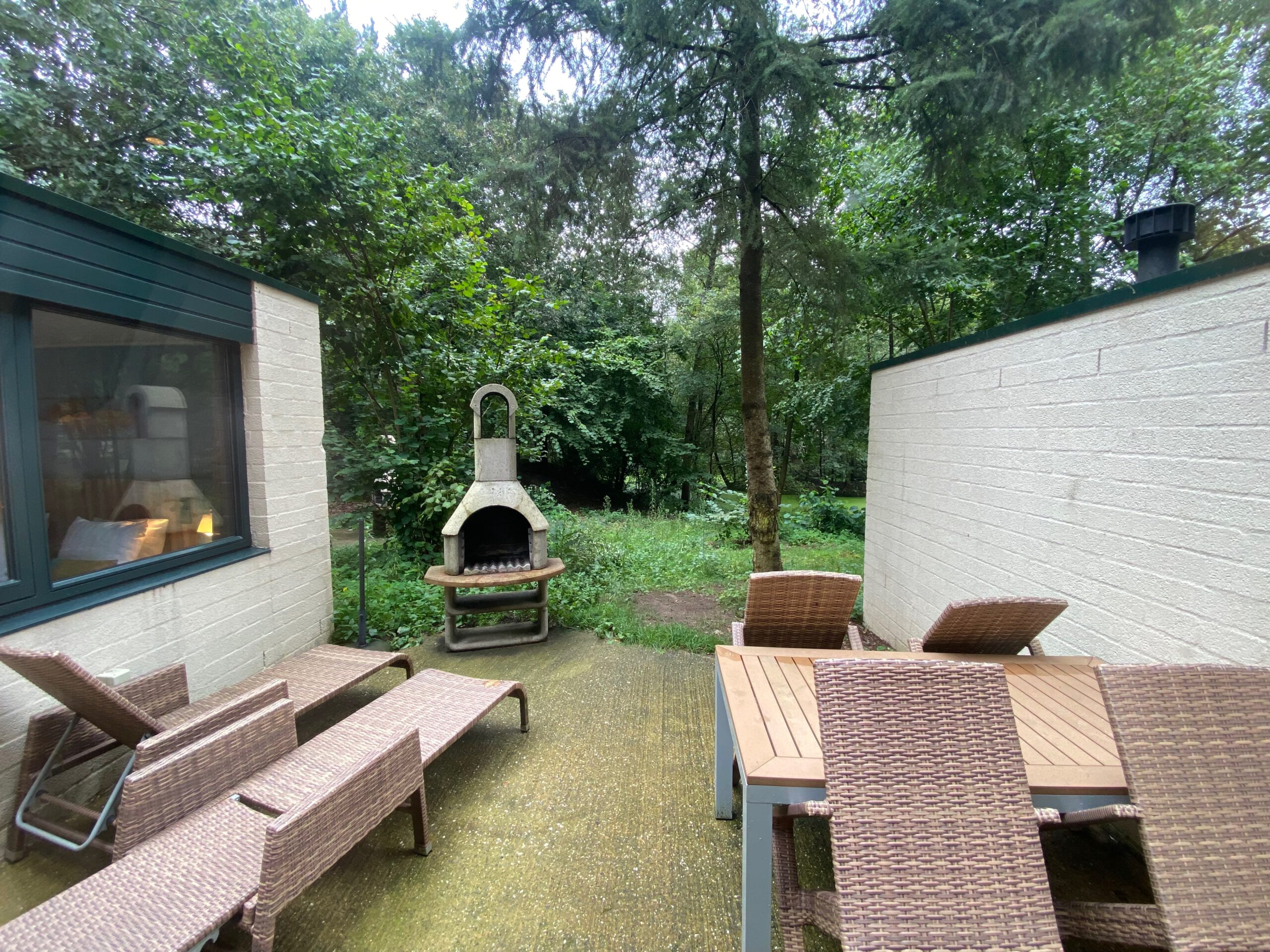 Private forest terrace of Center Parcs Het Heijderbos VIP cottage 978, featuring outdoor dining table, lounge chairs, stone barbecue fireplace and direct view into the surrounding woodland.