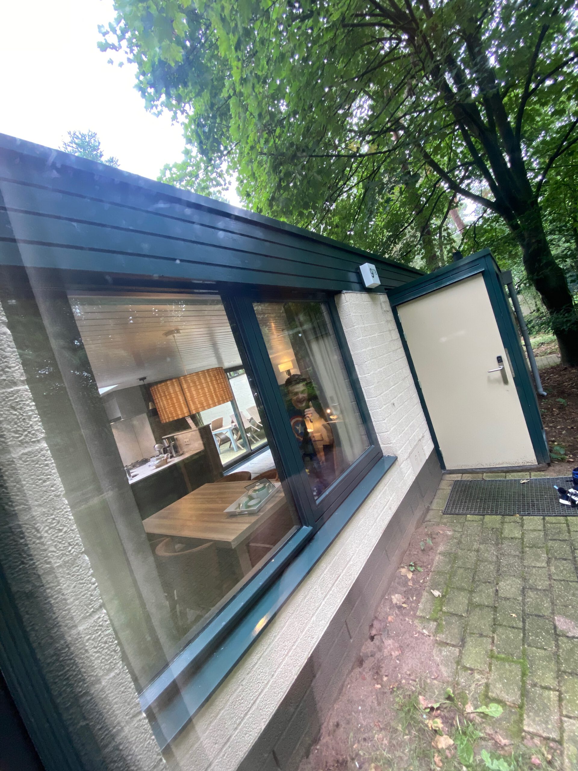 Exterior view of Center Parcs Het Heijderbos VIP cottage 978, showing dining area through the window with Peter peeking from inside, surrounded by forest and private terrace setting.
