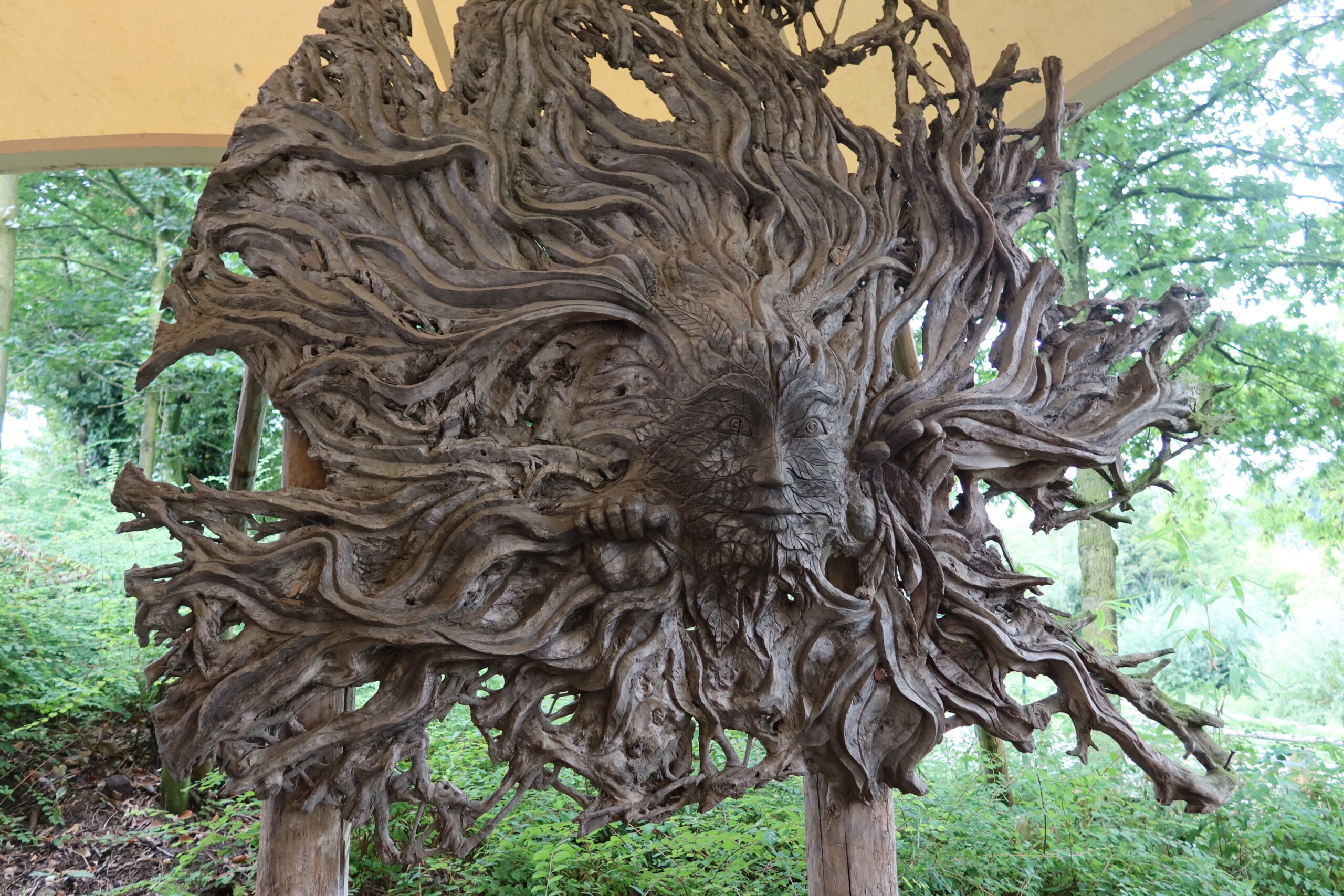 Wooden Green Man tree sculpture inside Center Parcs Het Heijderbos Jungle Dome, detailed nature artwork symbolizing forest spirit in tropical indoor jungle setting.