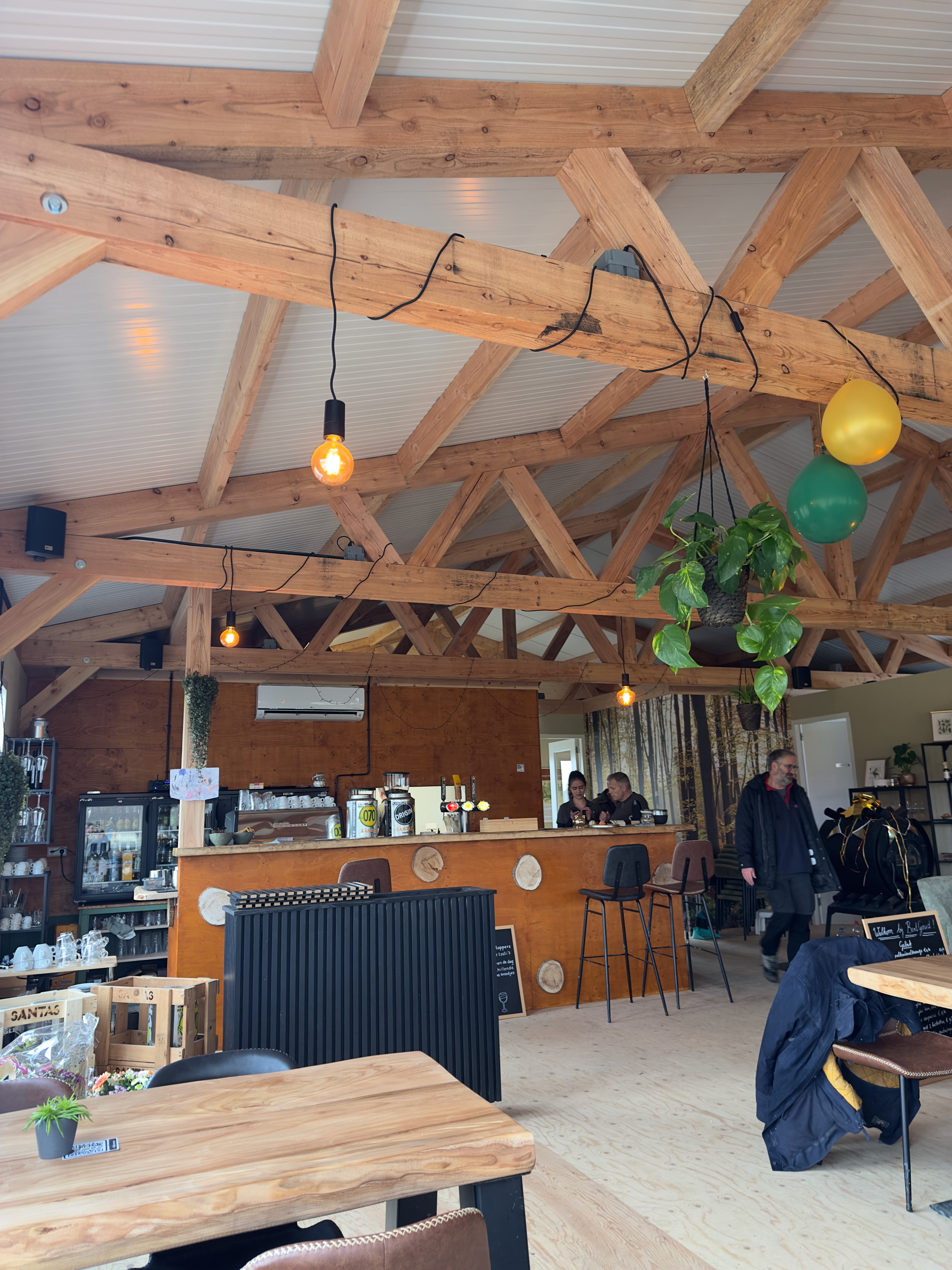 Modern interior of BentGoud Bentwoud showing the wooden bar, exposed beams, warm lighting, plants, and a cozy café atmosphere