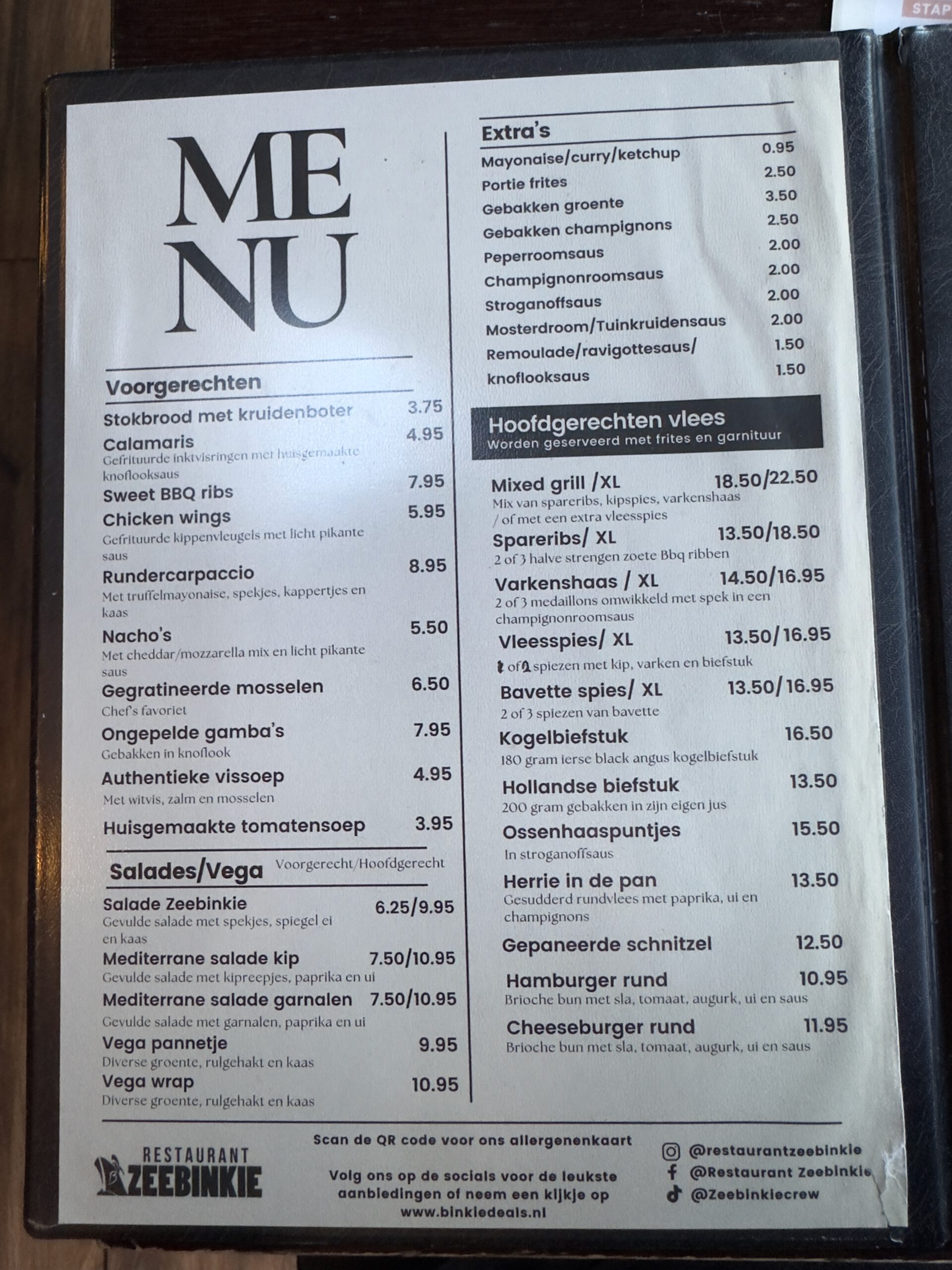 Restaurant Zeebinkie review, main menu of Restaurant Zeebinkie in Burgh Haamstede featuring meat dishes like mixed grill XL, spareribs, bavette and Dutch steak in Zeeland