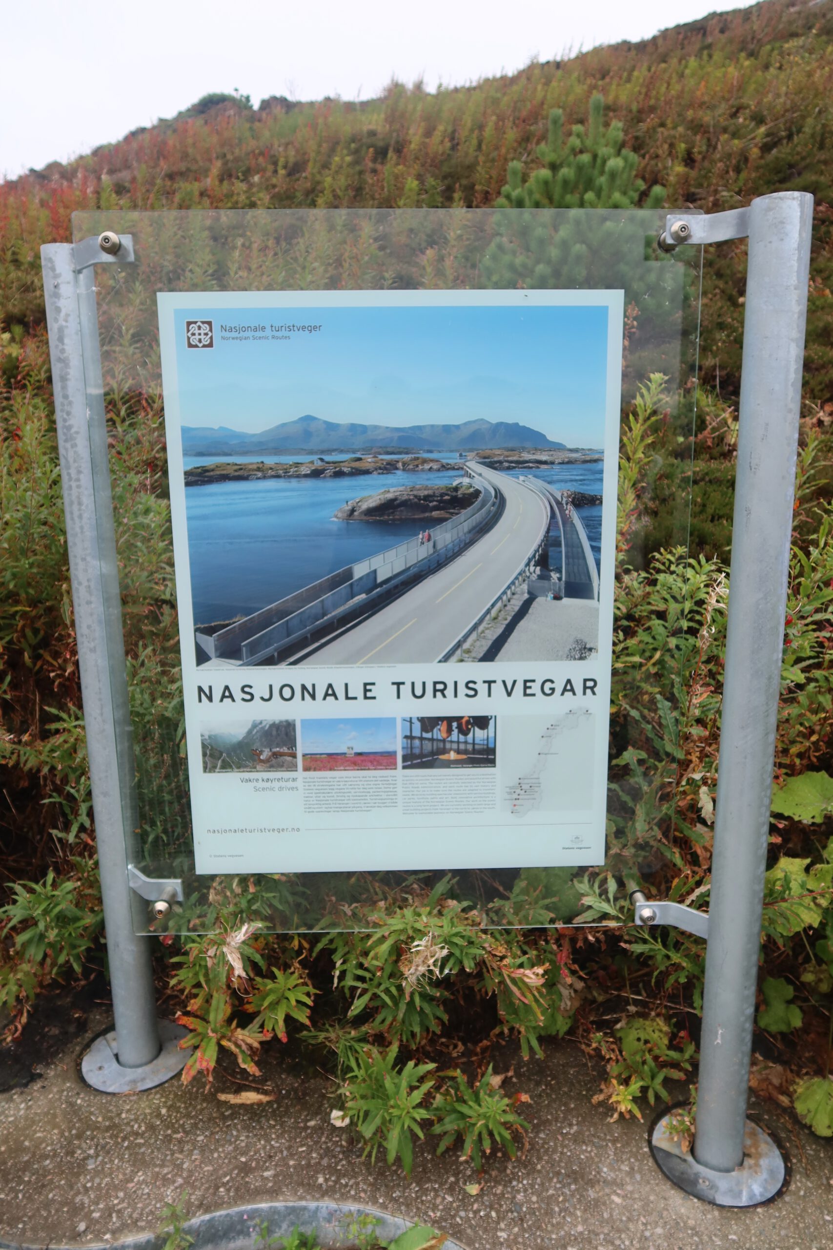 Atlantic Ocean Road Norway official National Scenic Route information sign showing bridge photo in Møre og Romsdal