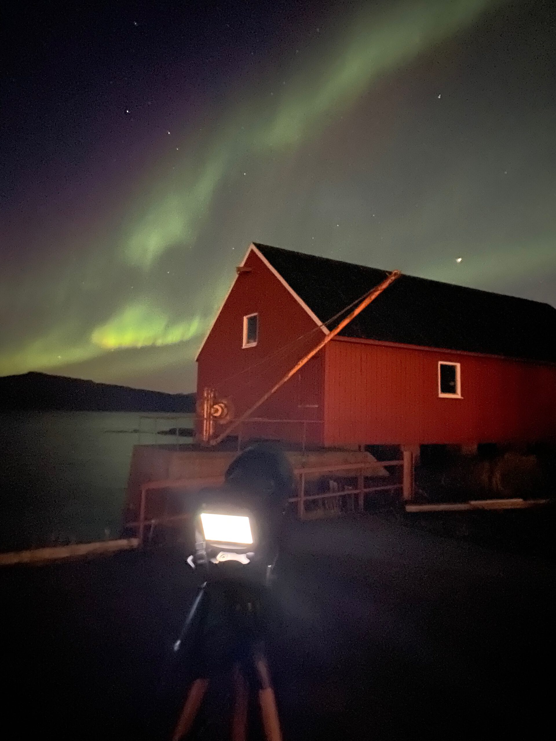 Northern Lights Lødingen Norway above the fjord, soft green aurora dancing over dark mountain silhouettes and calm Arctic water at night