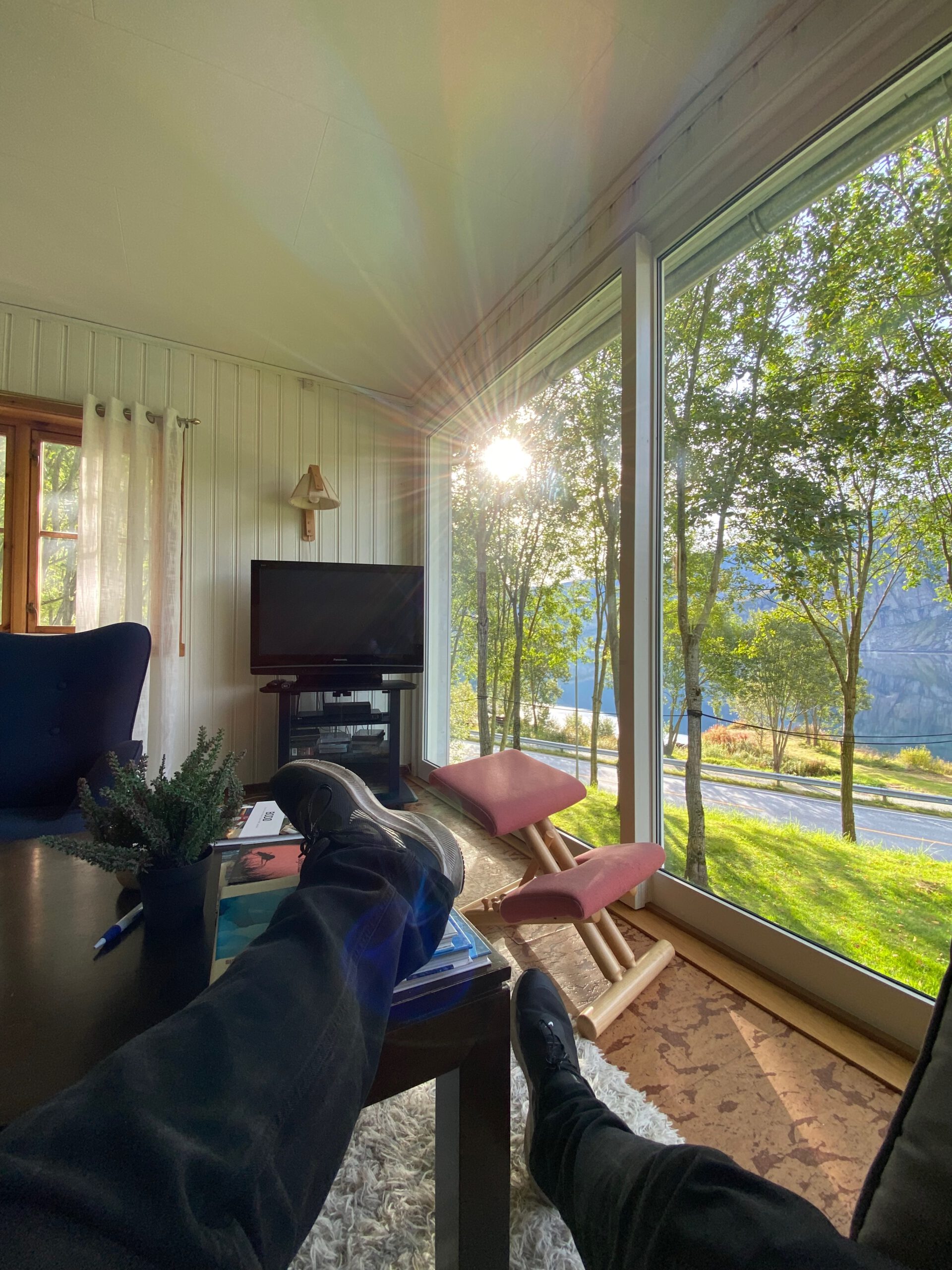 Gulbrakka Basecamp Glomfjord living room view, relaxing moment in shared lounge with large windows, sunlight, trees and fjord and mountain scenery outside