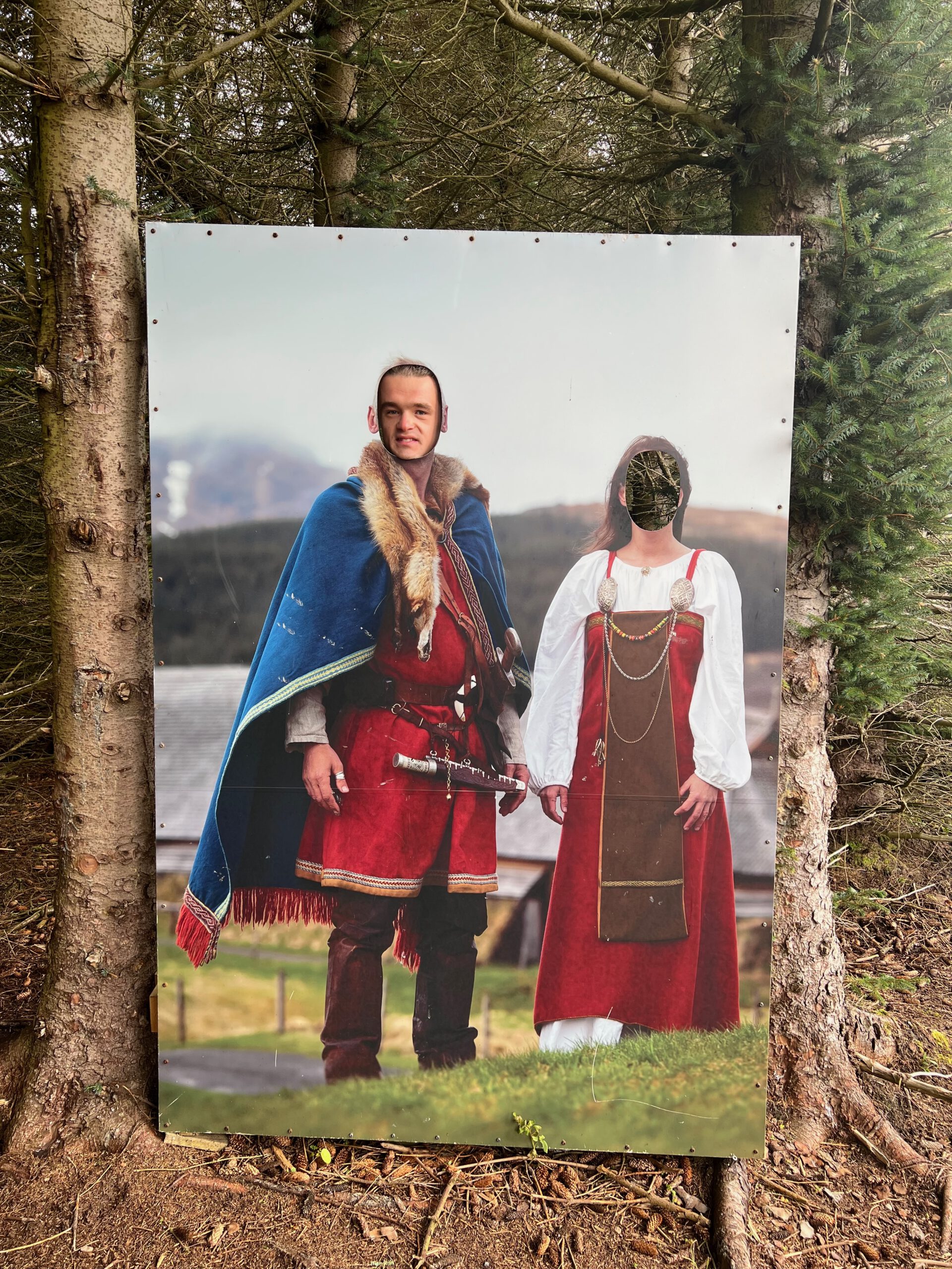 Lofotr Viking Museum interactive photo board showing Viking clothing and characters, allowing visitors to place their face in a historical Viking scene at the Borg site, which Peter Smit did