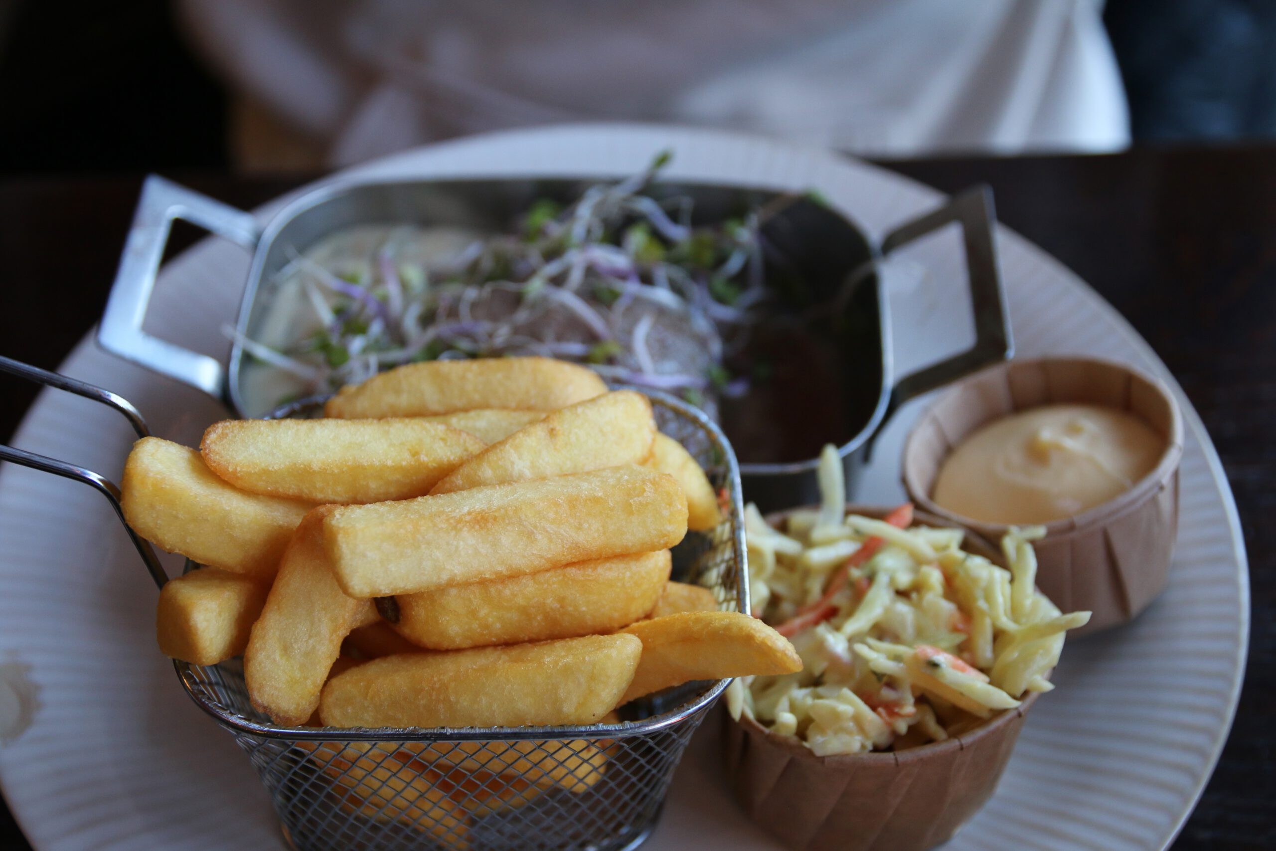 Restaurant Zeebinkie review, plate at Restaurant Zeebinkie in Burgh Haamstede with thick cut fries in metal basket, creamy coleslaw salad, mayonnaise dip and small side pan with mixed salad on a white dinner plate
