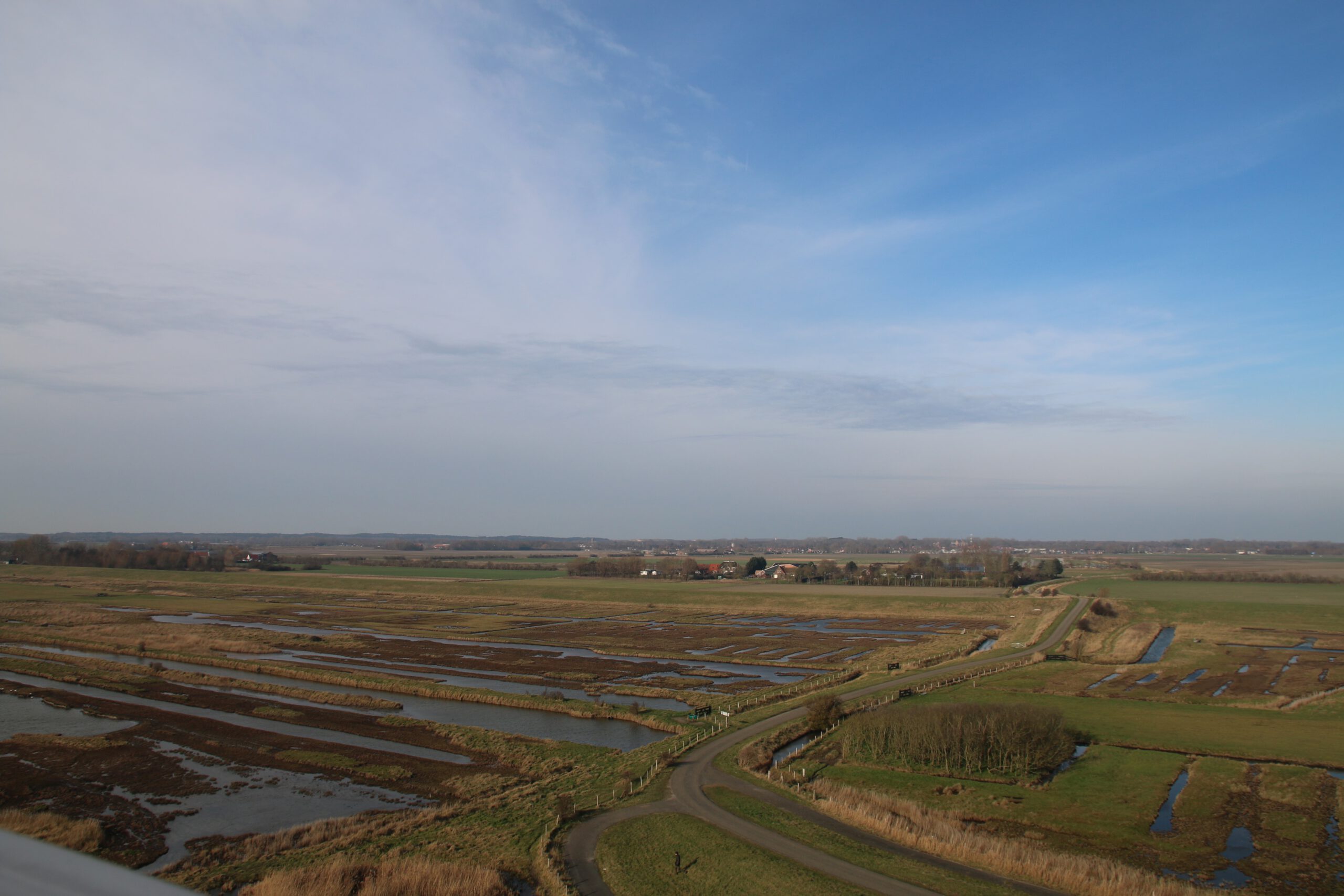 Plompe Toren Koudekerke panoramic view over Schouwen Duiveland countryside with winding dike road and water channels