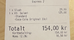 Receipt from Töre KRUBB restaurant in Töre Sweden showing an order with slush, salami pizza and Coca Cola, including total price of 154 SEK with VAT breakdown