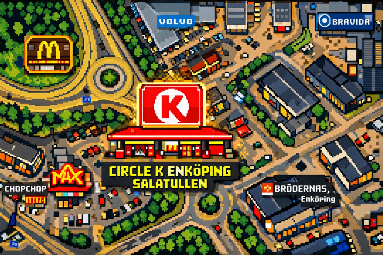 8-bit videogame style map of Circle K Enköping Salatullen in Sweden, highlighting the gas station as the main hub with nearby fast food spots like McDonald’s and MAX Burgers