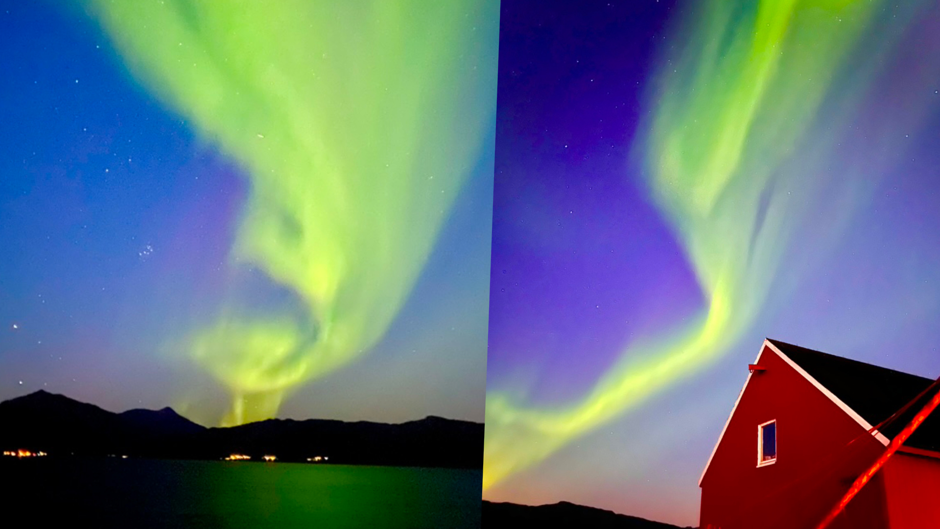 Hjortholmen Northern Lights Spot with green aurora dancing above the sea near Lødingen, photographed on a clear Arctic night with mountains on the horizon