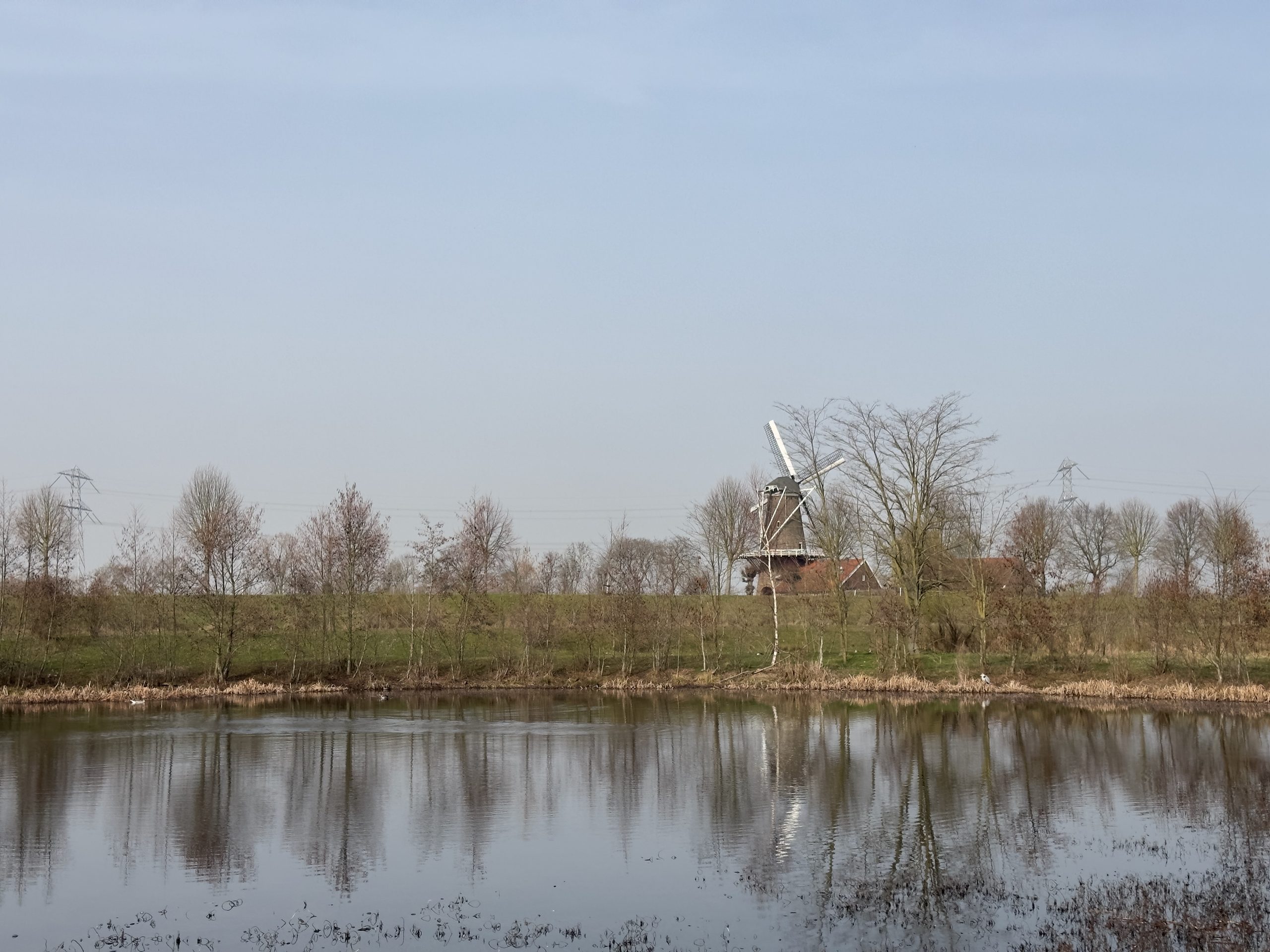De Hompesche Molen seen across the water near Stevensweert in Limburg, with reflections, trees, and a calm natural landscape