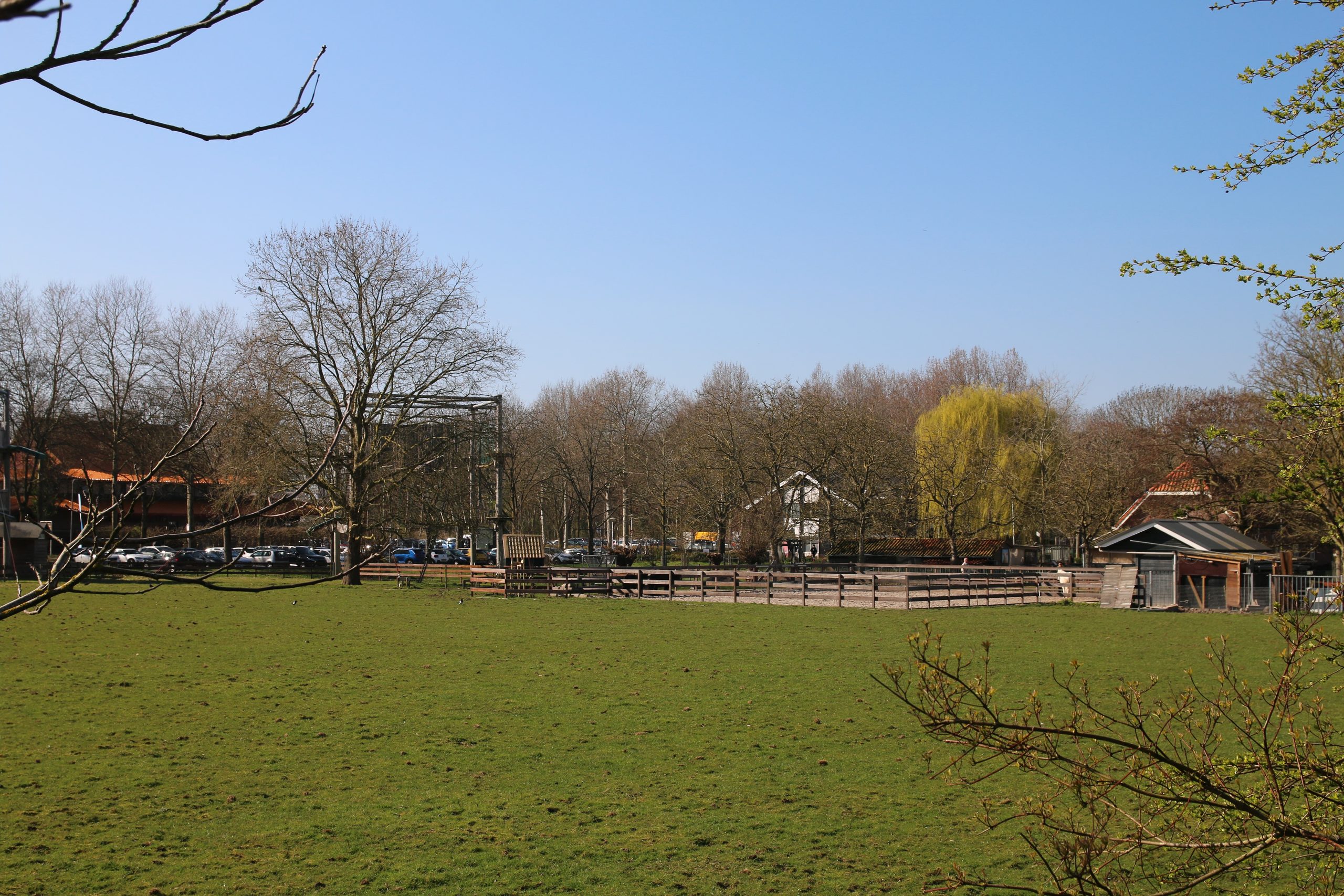 Bezoekerscentrum De Veenweiden surrounding area with open grassland, fenced animal enclosures, and a peaceful green setting in Alphen aan den Rijn