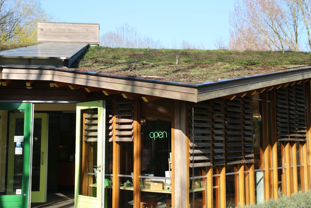 Bezoekerscentrum De Veenweiden entrance with green doors, wooden facade, and eco roof in a bright natural setting