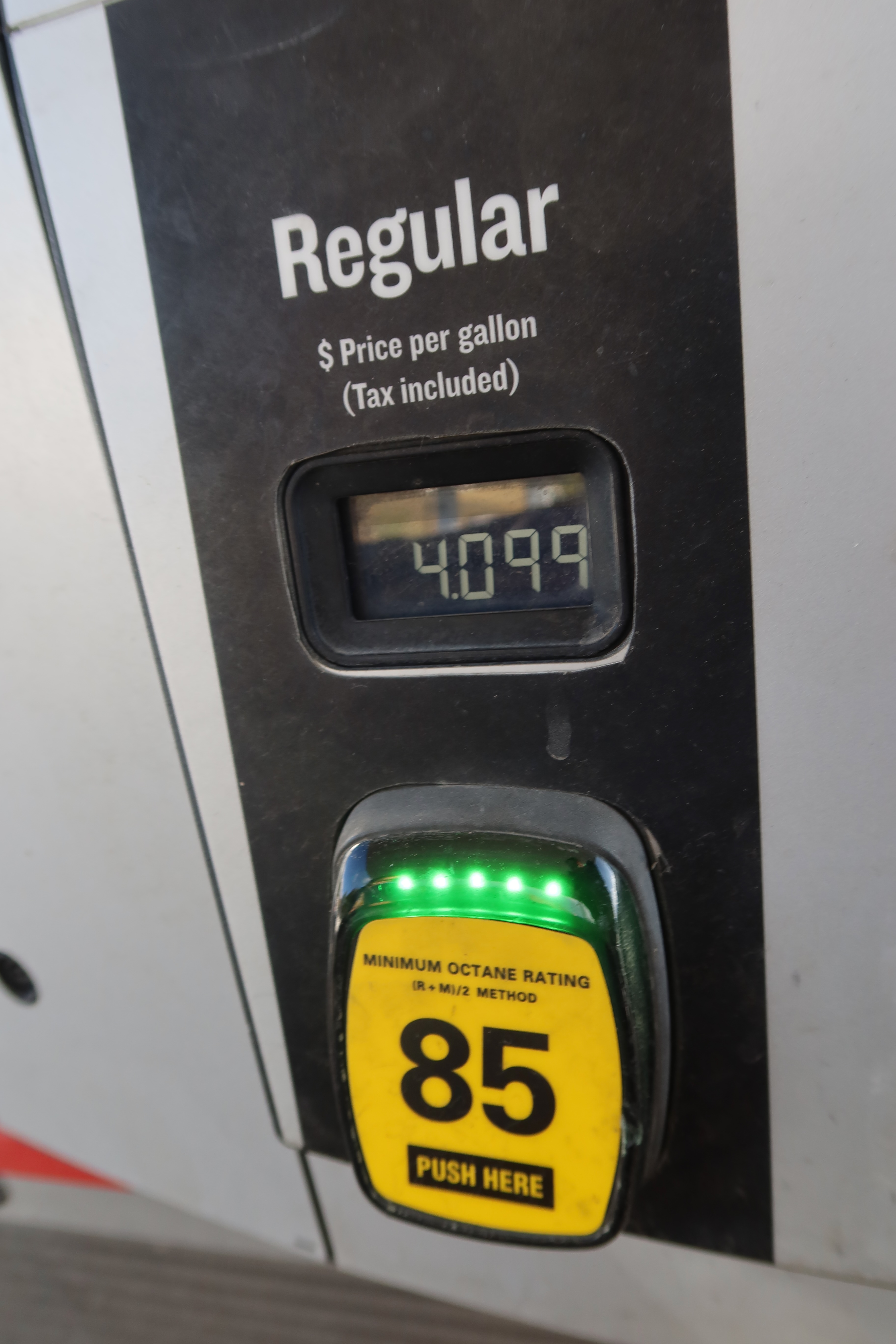Gas stations in America, close up of a regular 85 octane fuel pump in the western United States