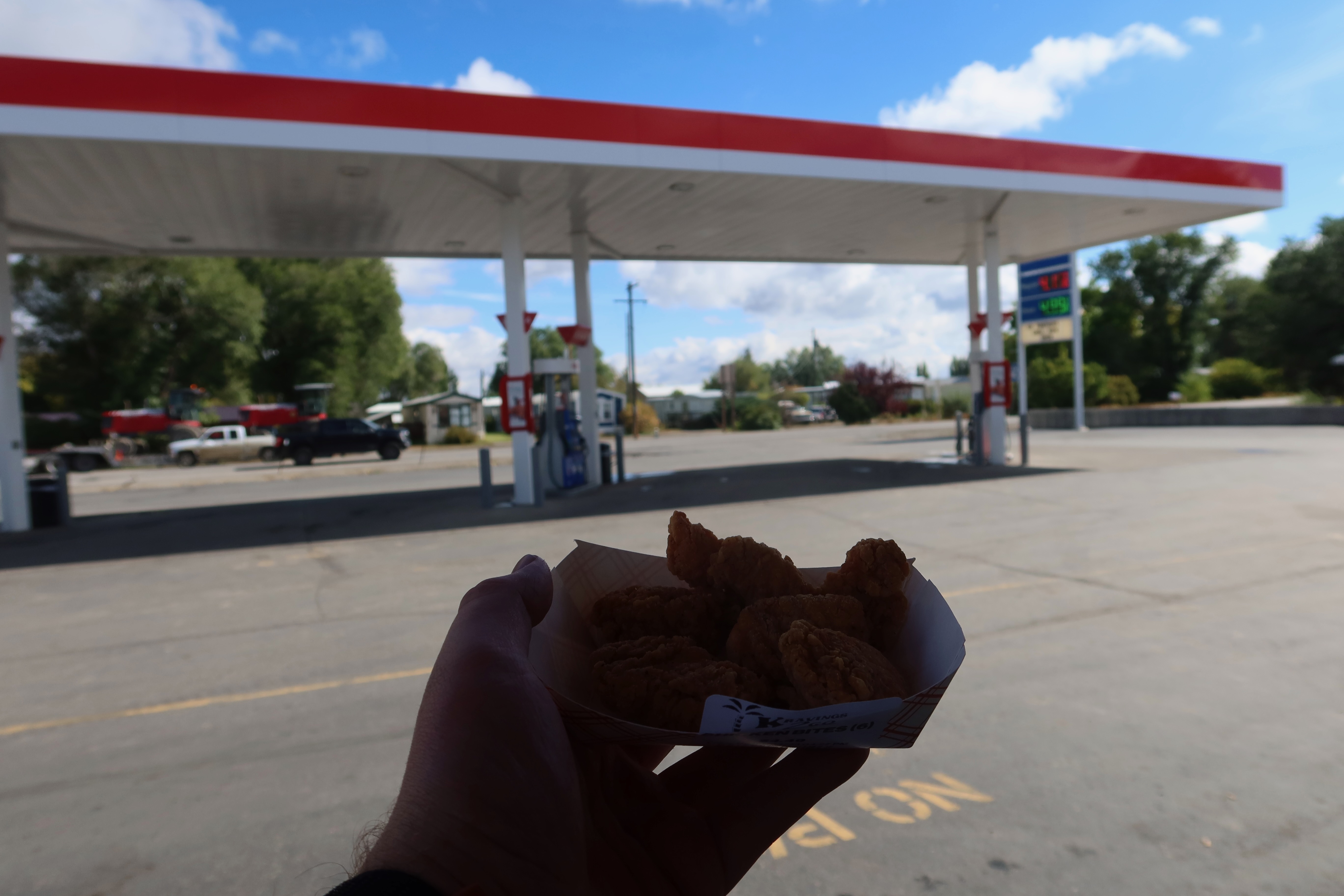 Gas stations in America, fried roadside snack held in front of a quiet rural fuel stop during an American road trip
