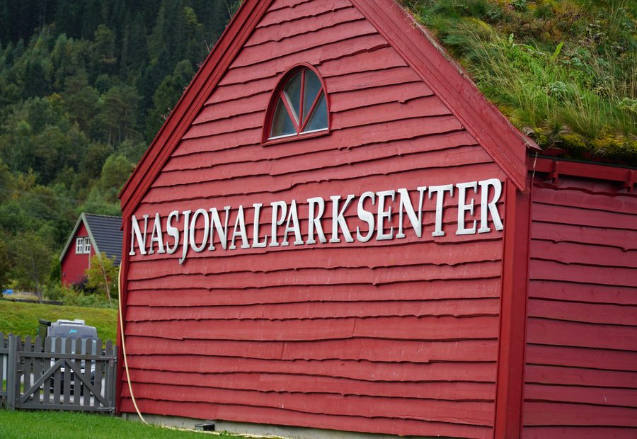 Jostedalsbreen National Park Center red wooden building with traditional grass roof in Oppstryn Norway