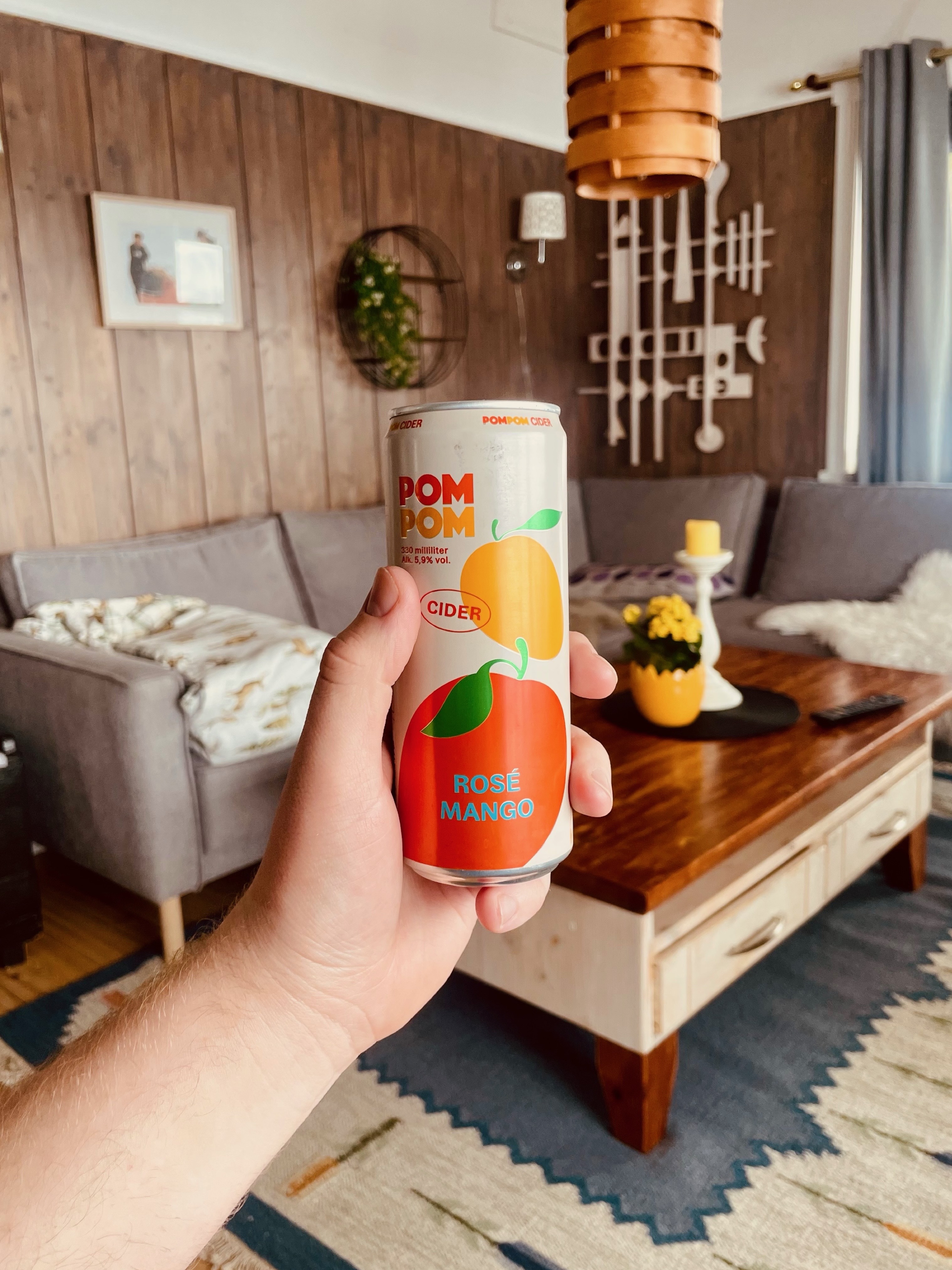 Northern Sweden Airbnb review, hand holding a can of POMPOM Cider Rosé Mango in the living room of a spacious Swedish Airbnb cabin