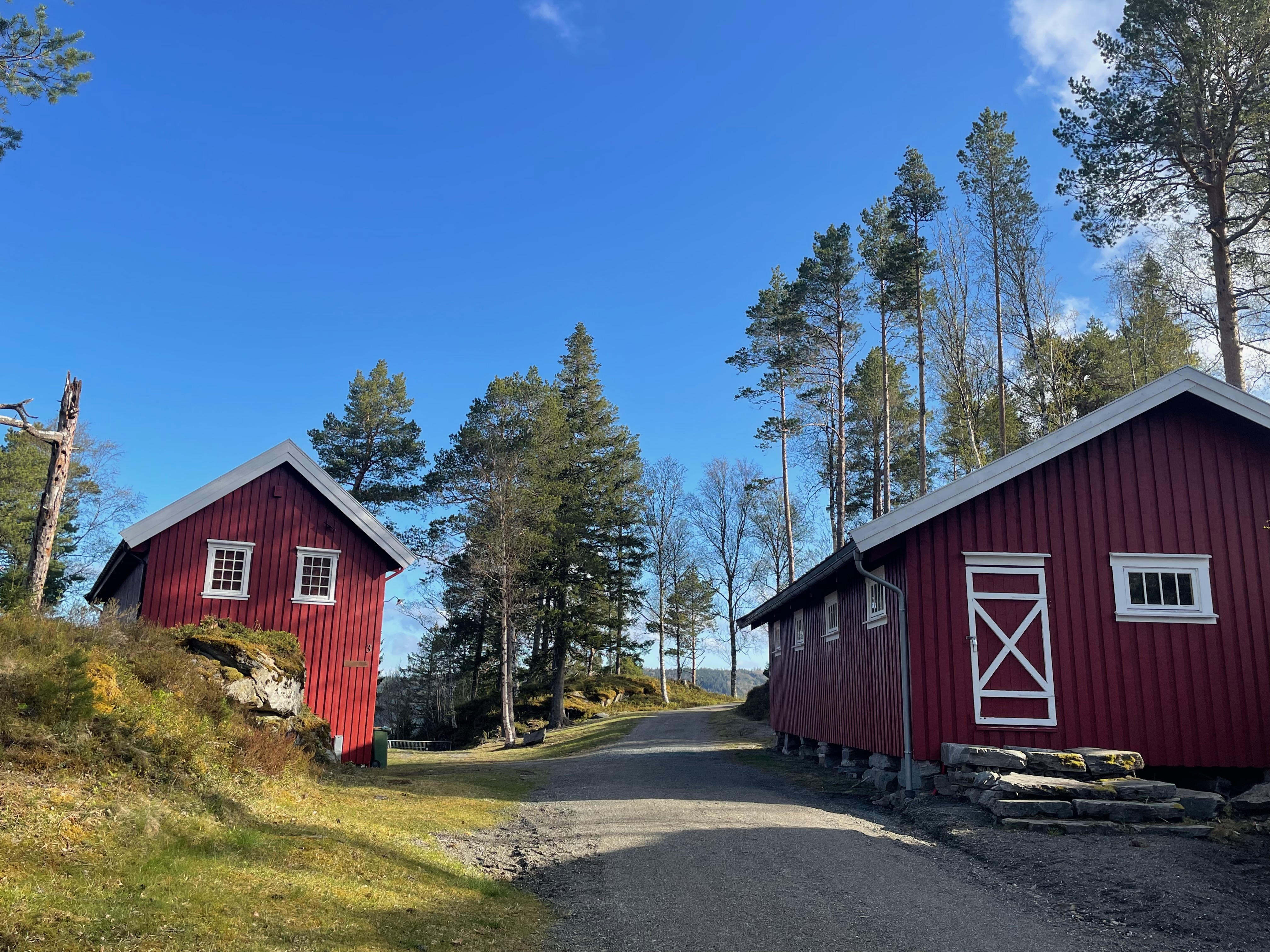 Hegra Fortress historic red wooden buildings near the fort grounds in Norway, surrounded by forest, gravel paths, and a bright blue sky