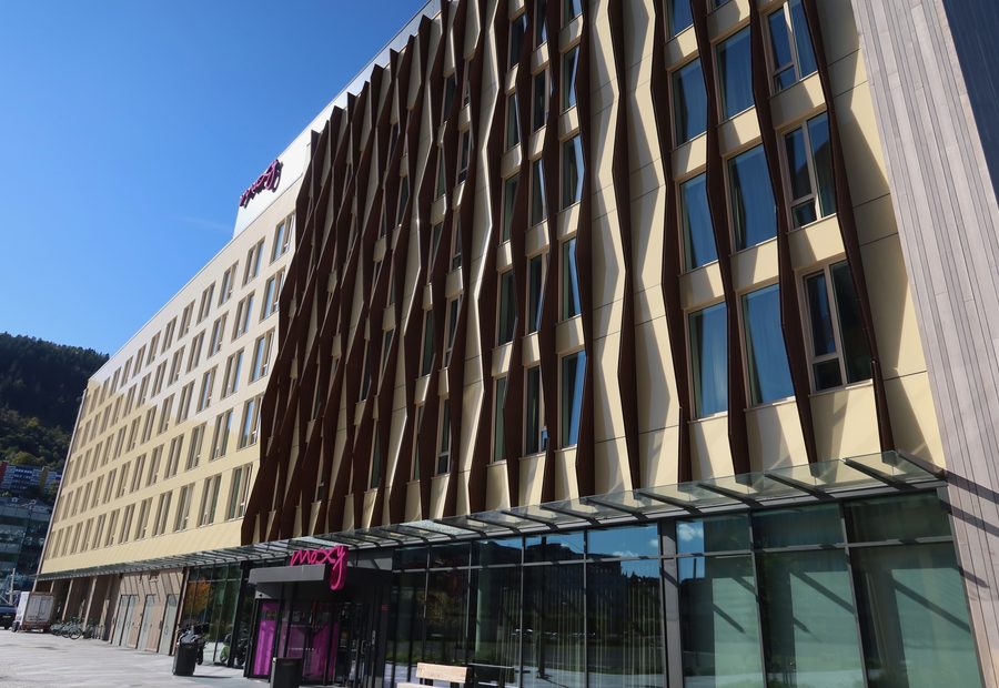 Moxy Hotel Bergen exterior showing the modern hotel facade and entrance near the waterfront in Bergen, Norway