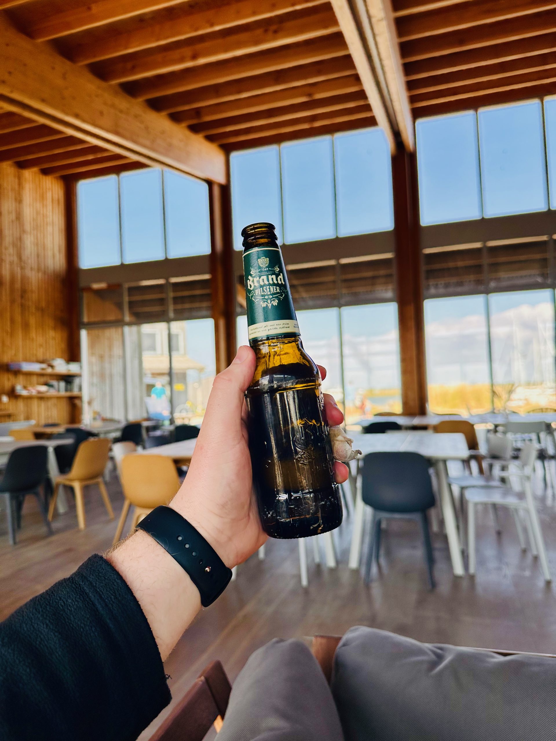 Marker Wadden island visit with a Brand Pilsener beer inside the island pavilion overlooking the nature area