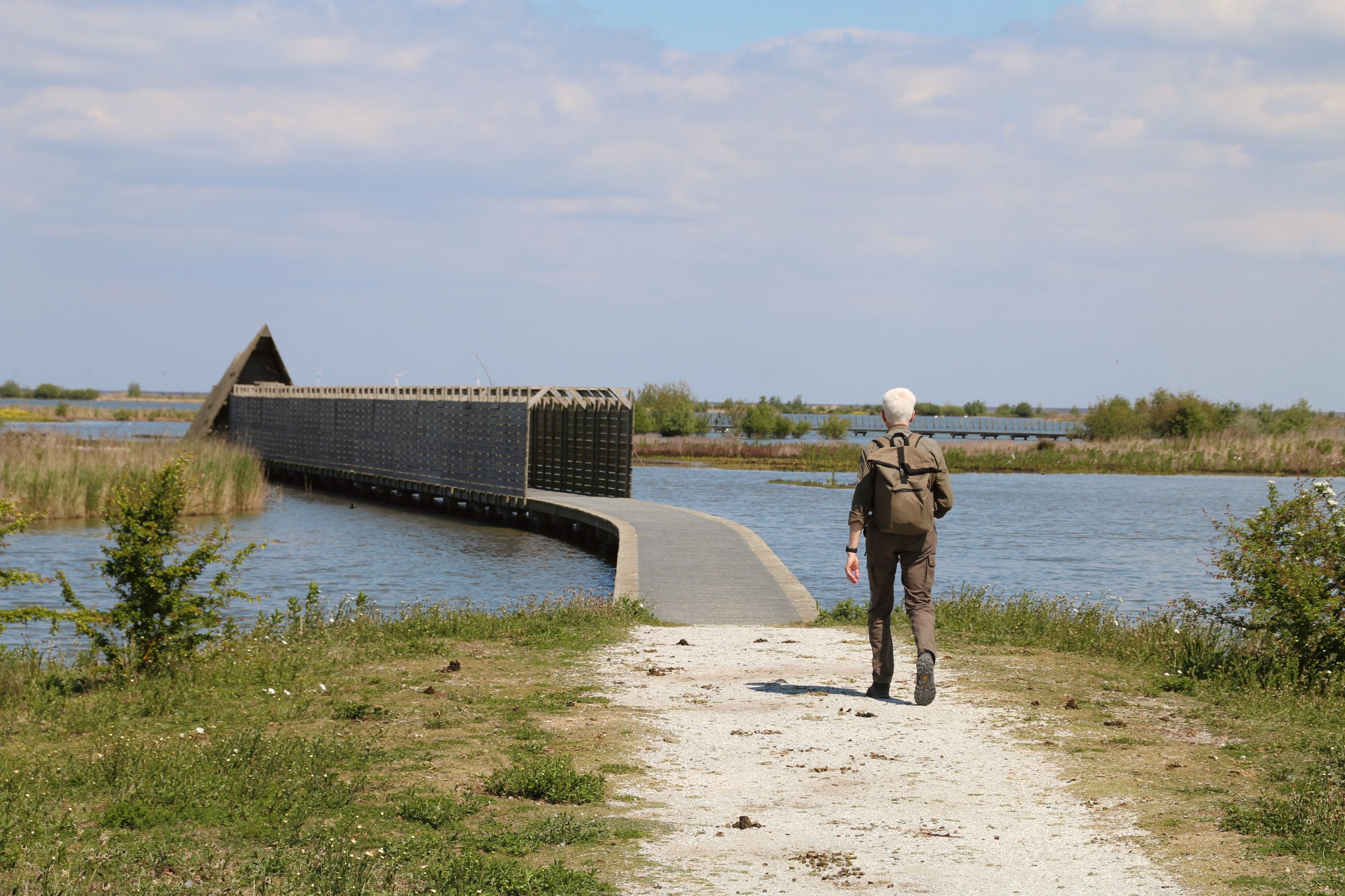 Marker Wadden island visit with a volunteer ranger walking toward Vogelkijkhut Duikeend across the protected wetland path