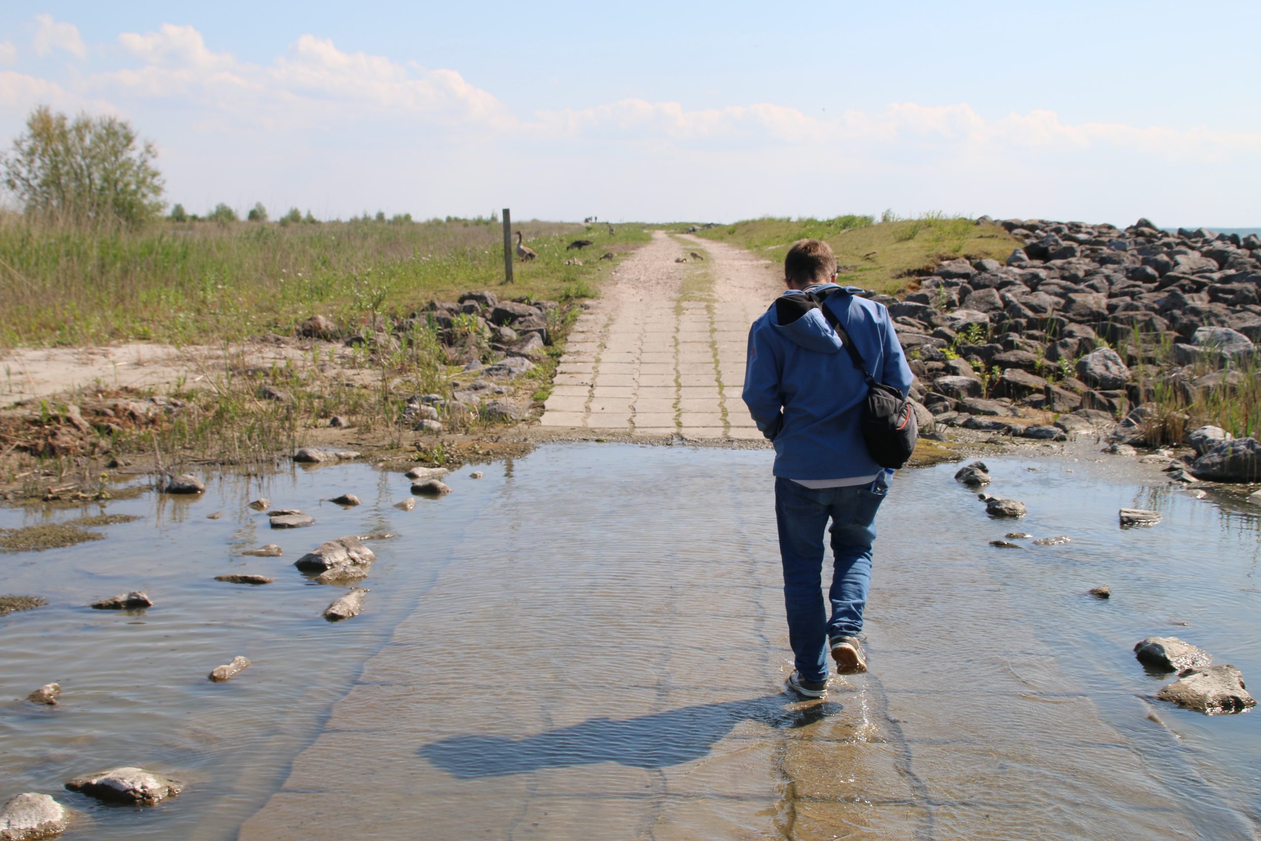 Pokémon GO Marker Wadden player crossing a flooded trail while exploring the island during Community Day, Peter Smit trying to keep his socks dry.