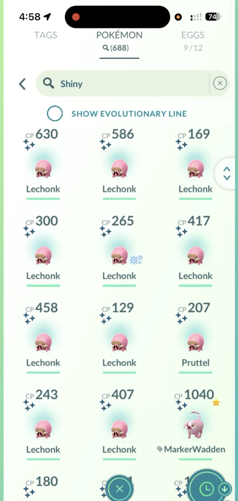 A screenshot of my shiny Pokémon list caught during the Pokémon GO Marker Wadden Community Day