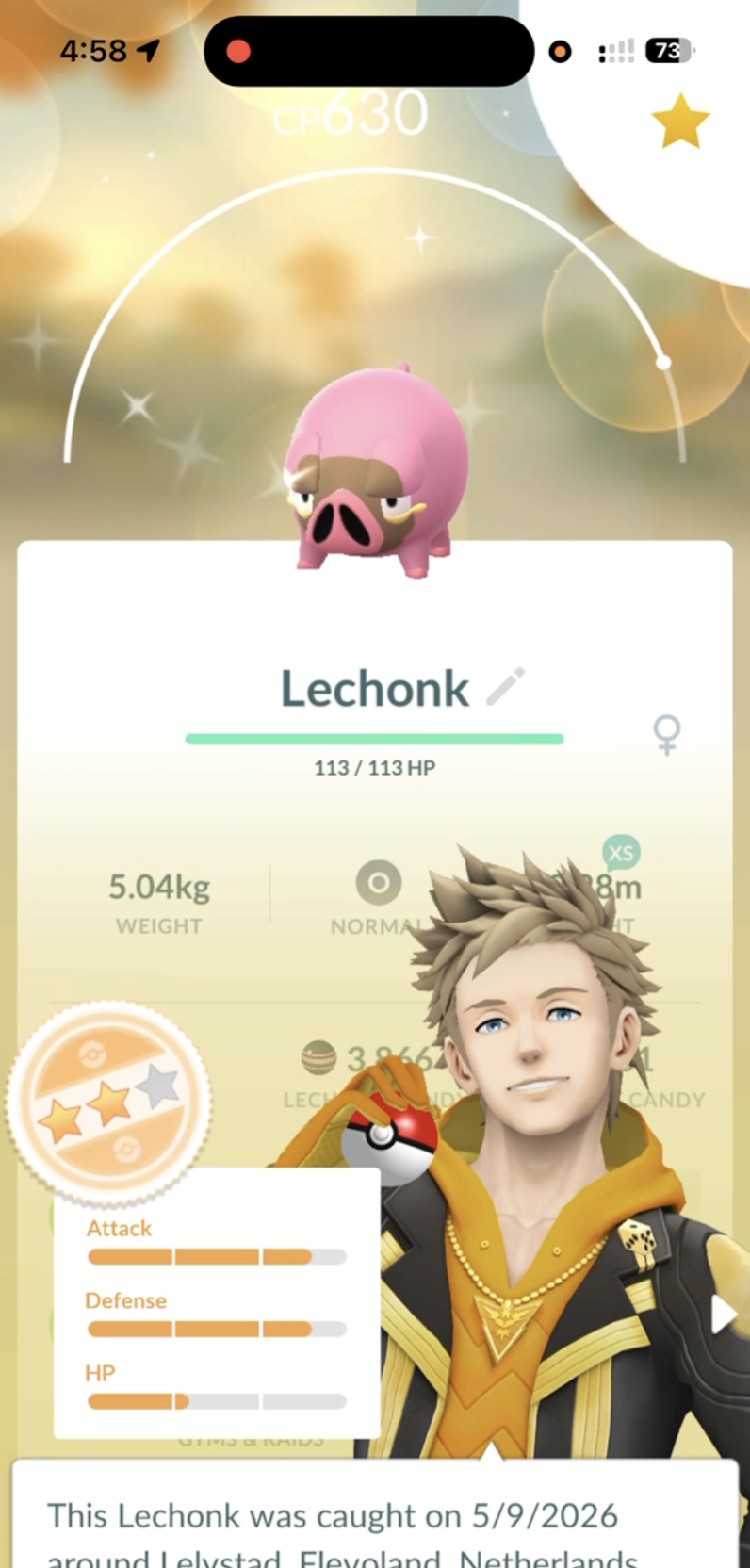 A screenshot of a shiny caught during the Pokémon GO Marker Wadden Community Day