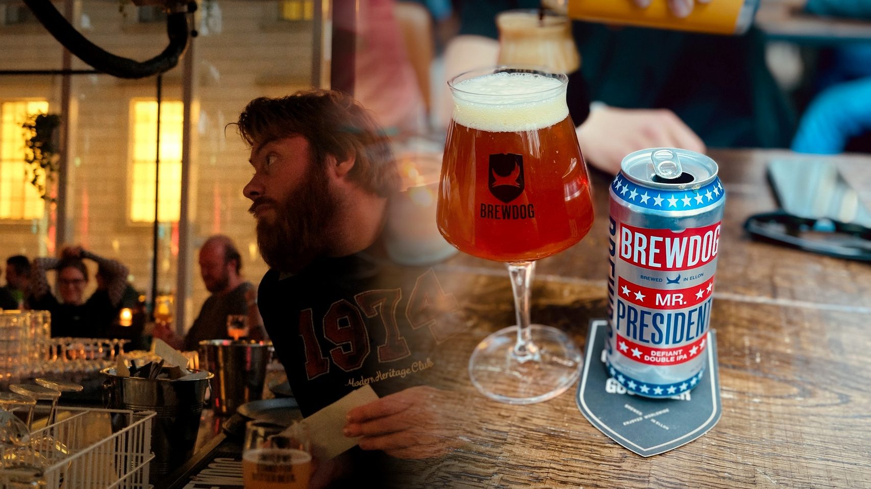 BrewDog Outpost Rotterdam Review header with Timo van den Berg at the original Halvemaanpassage bar, BrewDog craft beer glass and Mr. President can in a soft blended header image