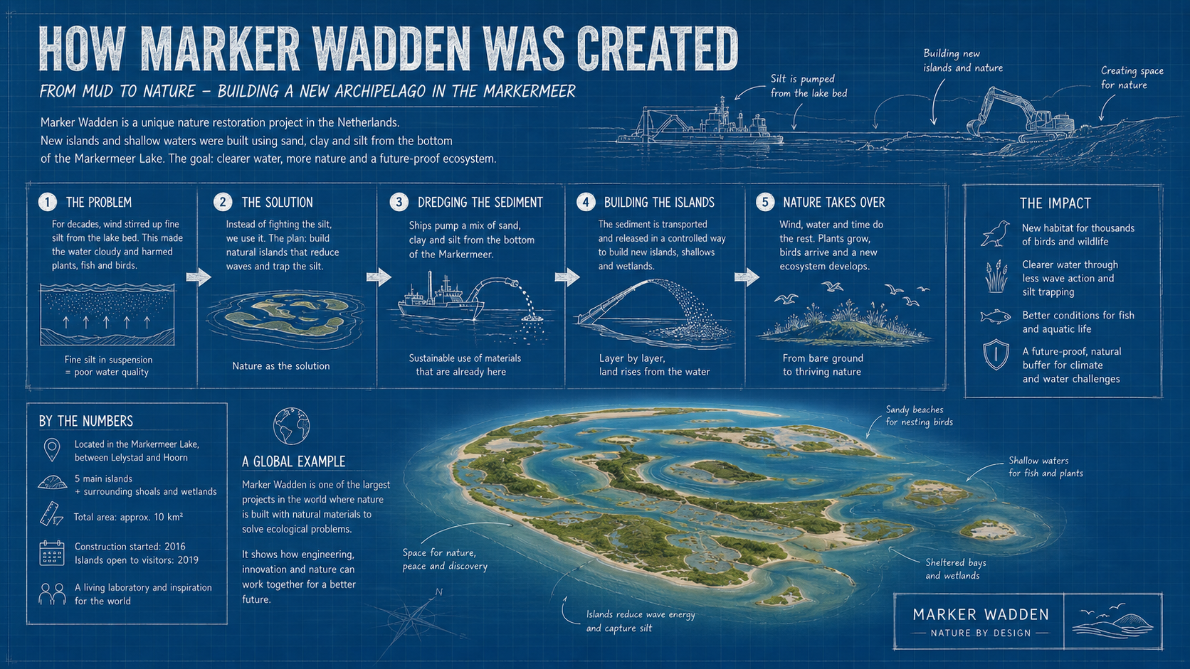 Marker Wadden island visit infographic explaining how the Dutch nature islands were created with sand, clay, silt, shallow wetlands, and bird habitats